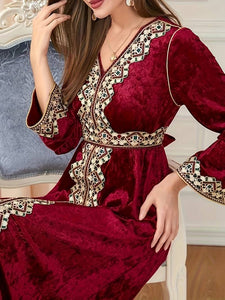 Embroidered Kaftan Dress, Elegant V Neck Long Sleeve Abbaya