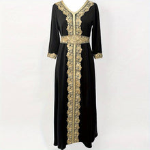 Charger l&#39;image dans la galerie, Lace Embroidered Tie Waist Abbaya, Elegant V-neck Contrast Trim Maxi Length Kaftan