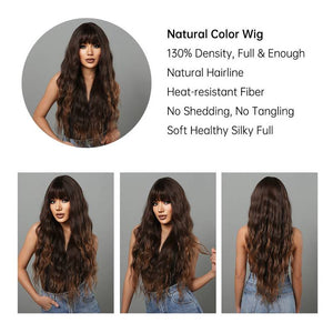 Wig Women's Mid-Length Brown Long Curly Hair Wig With Bangs Fluffy Wavy