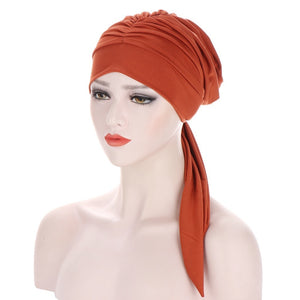 Pure Color Crystal Hemp Long Tail Bow Turban Hat