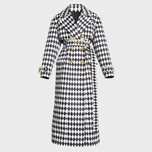 Black And White Diamond Grid Belt Long Trench Coat