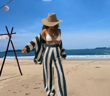 Charger l&#39;image dans la galerie, European And American Leisure Fashion Ladies V-neck Hollow Striped Shirt Loose Knitted Wide Leg Suit