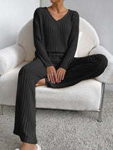 Charger l&#39;image dans la galerie, Fashion Solid Striped Suit V-neck Long-sleeved Top And Casual Straight Pants Loose Temperament