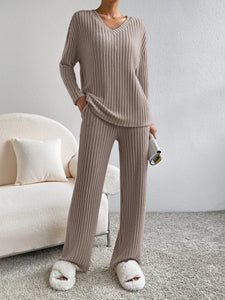 Fashion Solid Striped Suit V-neck Long-sleeved Top And Casual Straight Pants Loose Temperament