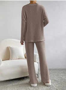 Fashion Solid Striped Suit V-neck Long-sleeved Top And Casual Straight Pants Loose Temperament