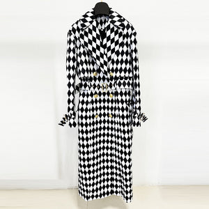 Black And White Diamond Grid Belt Long Trench Coat