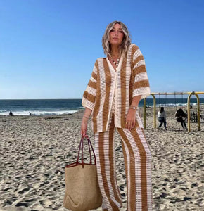 European And American Leisure Fashion Ladies V-neck Hollow Striped Shirt Loose Knitted Wide Leg Suit