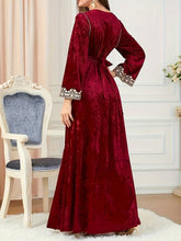 Charger l&#39;image dans la galerie, Embroidered Kaftan Dress, Elegant V Neck Long Sleeve Abbaya