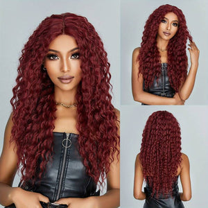 Long Curly Wine Red Front Lace Wigs Women's Middle Part Wigs