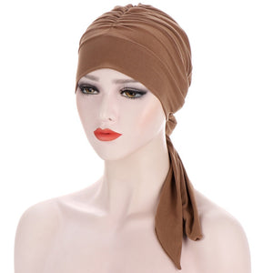 Pure Color Crystal Hemp Long Tail Bow Turban Hat