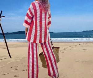 European And American Leisure Fashion Ladies V-neck Hollow Striped Shirt Loose Knitted Wide Leg Suit