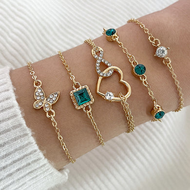 Young Girls Bohemian 5pc Green Crystal Bracelets Set Heart Bracelet