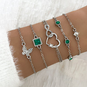 Young Girls Bohemian 5pc Green Crystal Bracelets Set Heart Bracelet