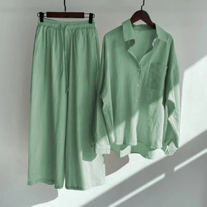 Cross-border Tracksuit Women's Ancient Cotton And Linen Shirt Outfit High Waist Loose Trousers