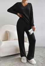 Charger l&#39;image dans la galerie, Fashion Solid Striped Suit V-neck Long-sleeved Top And Casual Straight Pants Loose Temperament