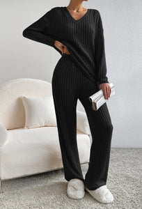 Fashion Solid Striped Suit V-neck Long-sleeved Top And Casual Straight Pants Loose Temperament