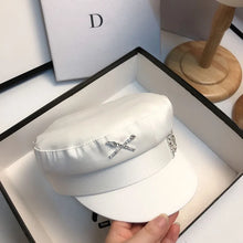 Charger l&#39;image dans la galerie, White Hats For Women Four Seasons Rhinestone Alphabet Military Hat Fashion Causal Travel Satin Flat Top Cap Black Sailor Hat