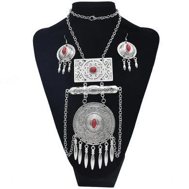 Bohemian Tibetan Silver Color Metal Necklace Bracelet Earring Sets