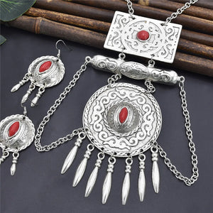 Bohemian Tibetan Silver Color Metal Necklace Bracelet Earring Sets