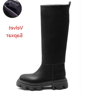 Leather Chunky Combat Boots Platform Perni White Knee Boots Black Casual Slip On Street Runway Botas Mujer Female Designer Shoes