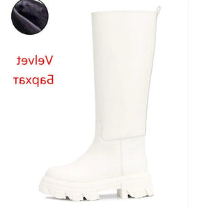 Leather Chunky Combat Boots Platform Perni White Knee Boots Black Casual Slip On Street Runway Botas Mujer Female Designer Shoes