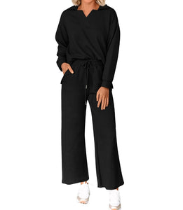 Solid Color Texture Fashion Casual Set Long-sleeved Sweater And Trousers Two-piece Set