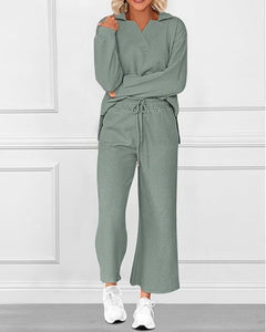 Solid Color Texture Fashion Casual Set Long-sleeved Sweater And Trousers Two-piece Set