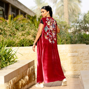 Luxury Red Long Hand made Embroided French Velvet Dress with belt by Designer Shereen