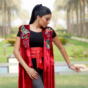 Luxury Red Long Hand made Embroided French Velvet Dress with belt by Designer Shereen