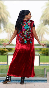 Luxury Red Long Hand made Embroided French Velvet Dress with belt by Designer Shereen