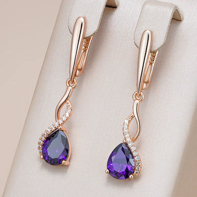 Shiny Purple Natural Zircon Long Dangle Earrings Rose Gold Color Vintage Jewelry