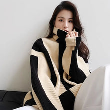 Load image into Gallery viewer, High Neck Striped Sweater Black and White Soft and Glutinous Knit Coat, Top