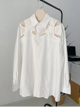 Load image into Gallery viewer, White Hollow Out Blouse New Lapel Long Sleeve Loose Fit Shirt