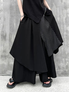 High Elastic Waist Black Striped Irregular Wide Leg Pants