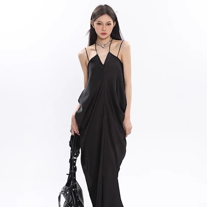 Satin Suspender Dress High-End Design, V-Neck Drape, Thin Shoulder Straps