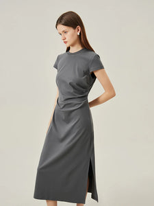 T-Shirt Dress Sleeveless Long Spilt Grey Dresses Pleated Short Sleeve A-LINE Dress