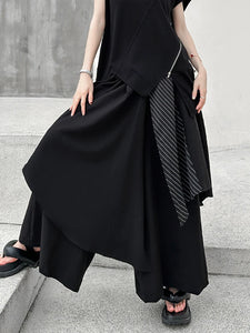 High Elastic Waist Black Striped Irregular Wide Leg Pants