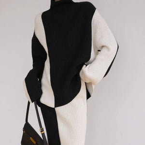 Black And White Two-Piece Set With  Lazy Style High Neck Knitted Sweater