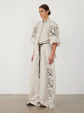 Load image into Gallery viewer, Female Sets Cotton Linen Stand Collar Sleeve Loose Flower Tops Wide Leg Oversize Pants