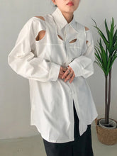 Load image into Gallery viewer, White Hollow Out Blouse New Lapel Long Sleeve Loose Fit Shirt