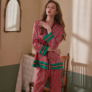 Long Sleeved Women Pajamas Set Ice Silk Printed Pyjamas