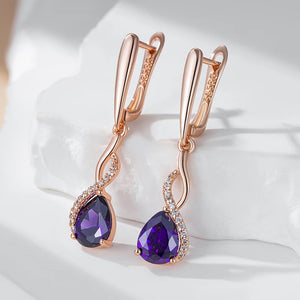 Shiny Purple Natural Zircon Long Dangle Earrings Rose Gold Color Vintage Jewelry