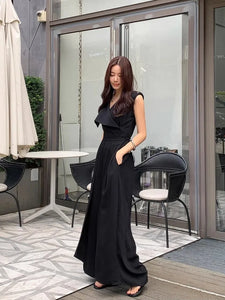 White Haute Couture Elegant Jumpsuit For Women'S Summer V-Neck Sleeveless Chic Slit Style Slim Fit Jumpsuit