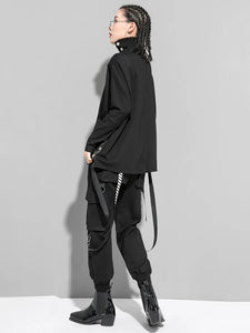 Black Irregular Ribbon Big Size Casual T-shirt New Turtleneck Long Sleeve