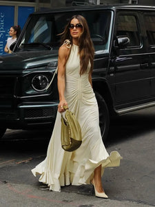 Beige Neck Hanging  Dress  With A High-End Feel, Elegant Ruffle Edge, And Unique Large Hem Long Skirt