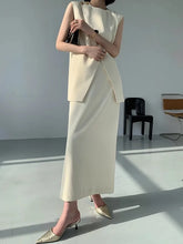 Cargar imagen en el visor de la galería, Elegant Beige Two-Piece Set for Women, Irregular Sleeveless Vest Top and High Waisted Skirt