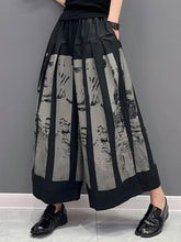 Load image into Gallery viewer, High Elastic Waist Black Printed Pleated Long Wide Leg Pants