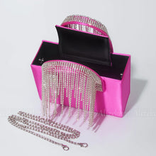 Charger l&#39;image dans la galerie, Rhinestone Tassel Satin Handbags Diamonds Handle Square Box Evening Clutch