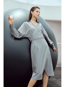 Minimalist Overlapping Simple Lady V-neck Long Sleeve Solid Female Dress