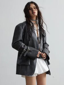 Loose Fit Black Pocket Coat PU Leather Jacket Long Sleeve